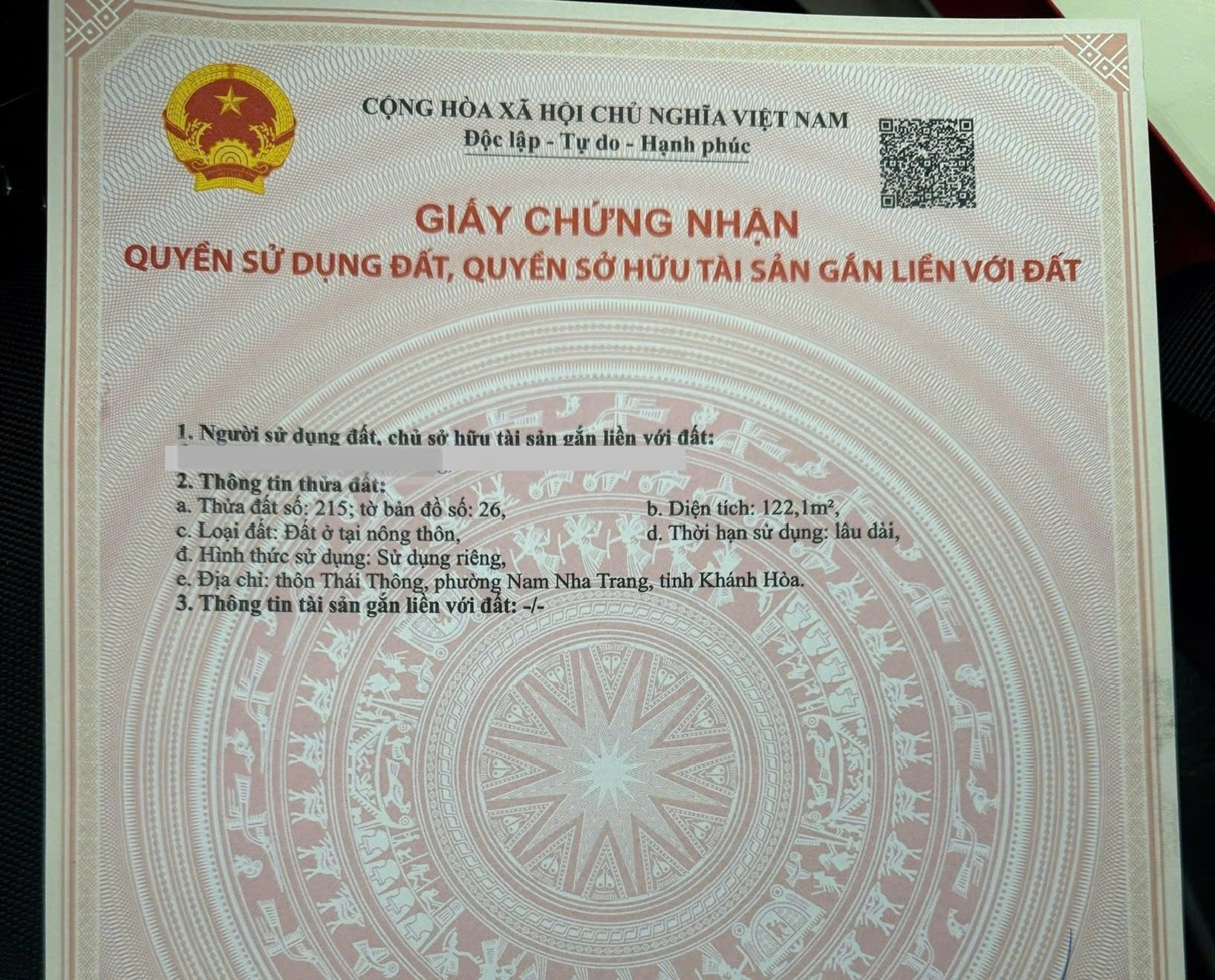 Bán lô đất đối diện Nha Trang Xưa ở Thái Thông , Vĩnh Thái . DT 122m2 , full thổ . Vị trí đẹp . Giá 4tỷ 880 triệu
