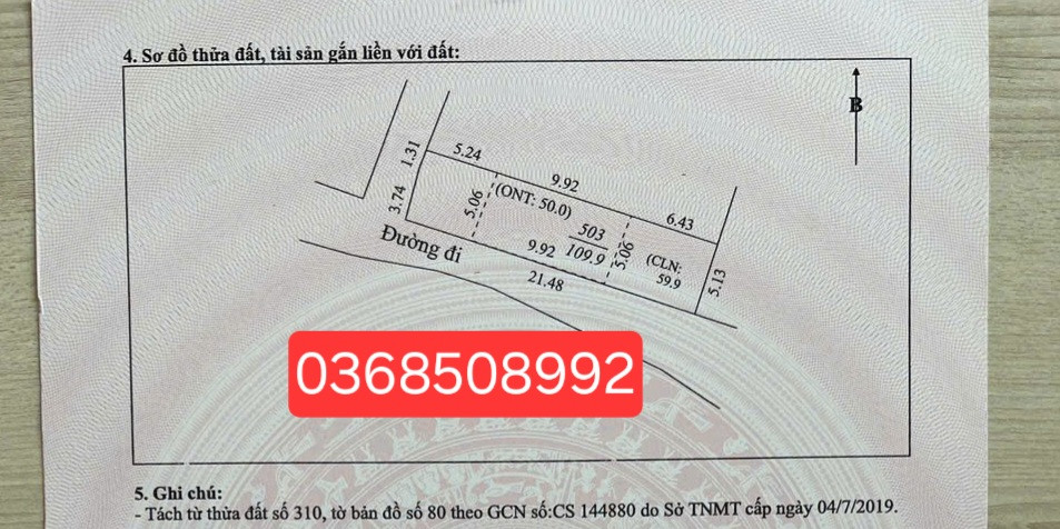 Bán đất 109m² ngang 5m giá 820 triệu Xã Xuân Cẩm