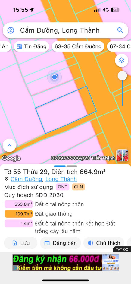 Bán đất 664.9m² ngang 18m giá 8.64 tỷ Xã Xuân Đường