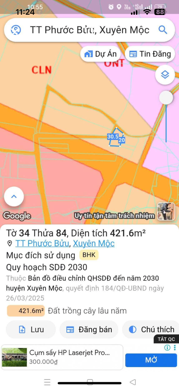Bán đất 416.3m² ngang 30m giá 1.4 tỷ Xã Xuyên Mộc