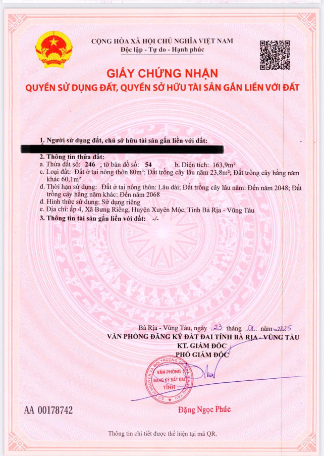 Bán đất 163.9m² ngang 5m giá 2.54 tỷ Xã Xuyên Mộc