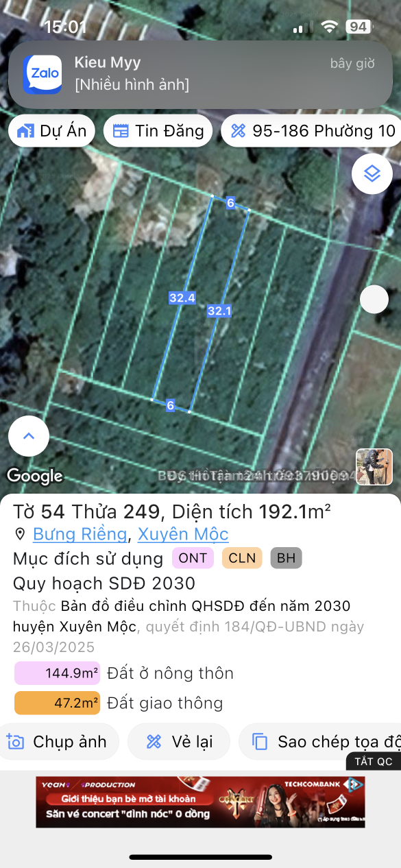 Bán đất 192.1m² ngang 6m giá 2.98 tỷ Xã Xuyên Mộc