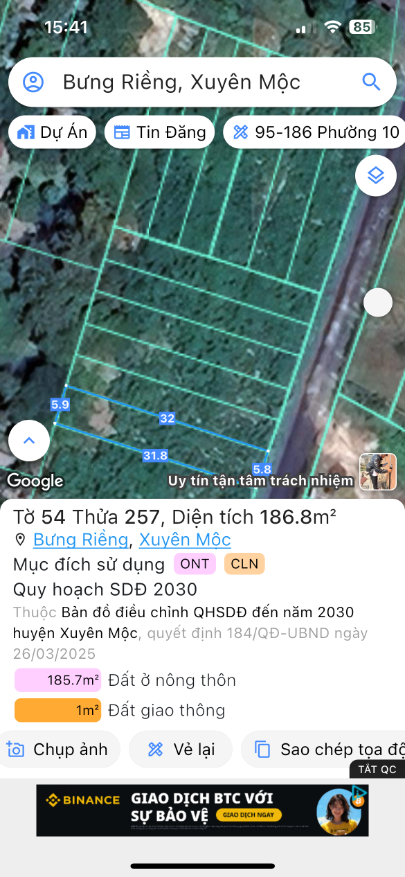 Bán đất 186,8m² ngang 5,9m giá 1.96 tỷ Xã Xuyên Mộc