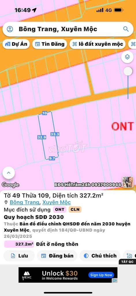 Bán đất 327.2m² ngang 10m giá 1.6 tỷ Xã Xuyên Mộc