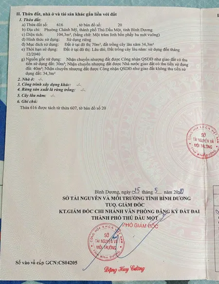 bán lô đất 104m2 có 70m2 thổ cư giá đường nhựa. Chánh Mỹ TDM quá đẹp