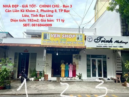 NHÀ ĐẸP - GIÁ TỐT-  CHÍNH CHỦ - Bán 3 Căn Liền Kề Khóm 2, Phường 8, TP Bạc Liêu, Tỉnh Bạc Liêu