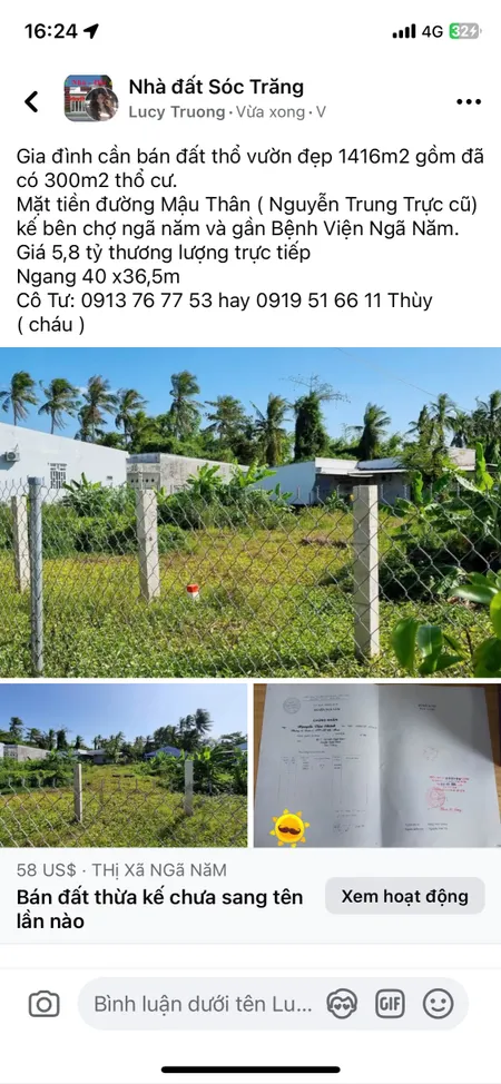 Bán đất 1416m² 5.8 tỷ tại Phường 1 Thị xã Ngã Năm