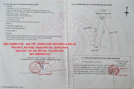 ĐẤT CHÍNH CHỦ - GIÁ TỐT -CHÍNH CHỦ CẦN BÁN Lô Đất tại Phú Hải 2, Đại Hiệp, Huyện Đại Lộc, Quảng Nam