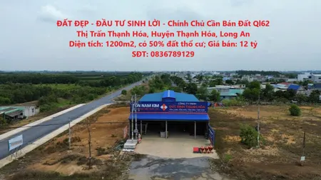 ĐẤT ĐẸP - ĐẦU TƯ SINH LỜI - Chính Chủ Cần Bán Đất Ql62 Thị Trấn Thạnh Hóa, Huyện Thạnh Hóa, Long An