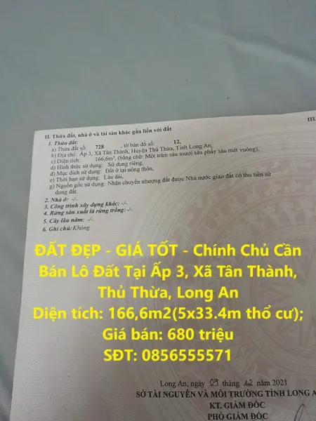 ĐẤT ĐẸP - GIÁ TỐT - Chính Chủ Cần Bán Lô Đất Tại Ấp 3, Xã Tân Thành, Thủ Thừa, Long An