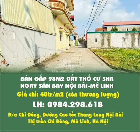 BÁN GẤP 98M2 ĐẤT THỔ CƯ SHR NGAY SÂN BAY NỘI BÀI-MÊ LINH