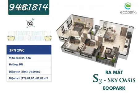 Chính chủ cần bán căn góc đặc biệt 3PN2VS phân khu SKY OASIS, thành phố xanh ECOPARK.