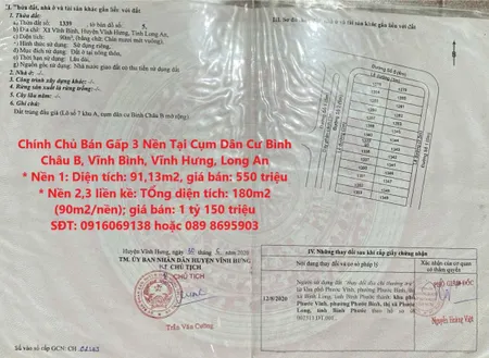 Chính Chủ Bán Gấp 3 Nền Tại Cụm Dân Cư Bình Châu B, Vĩnh Bình, Vĩnh Hưng, Long An