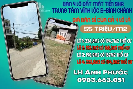 CHÍNH CHỦ BÁN 4 LÔ ĐẤT MẶT TIỀN SHR TRUNG TÂM VĨNH LỘC B-BÌNH CHÁNH