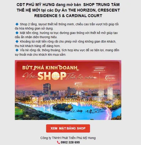 Phú Mỹ Hưng mở bán Shop thương mại khối đế ngay trung tâm khu thương mại. Xem shop ngay