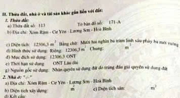 Bán đất 12306m² tại Xã Cư Yên Huyện Lương Sơn Hoà Bình