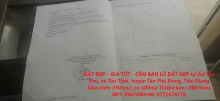 ĐẤT ĐẸP – GIÁ TỐT - CẦN BÁN LÔ ĐẤT ĐẸP tại huyện Tân Phú Đông, tỉnhTiền Giang