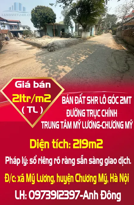 BÁN ĐẤT SHR LÔ GÓC 2MT ĐƯỜNG TRỤC CHÍNH TRUNG TÂM MỸ LƯƠNG-CHƯƠNG MỸ