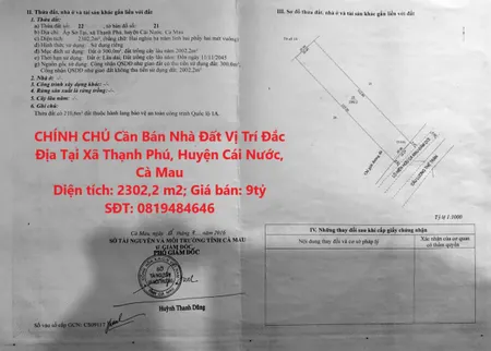 CHÍNH CHỦ Cần Bán Nhà Đất Vị Trí Đắc Địa Tại Xã Thạnh Phú, Huyện Cái Nước, Cà Mau