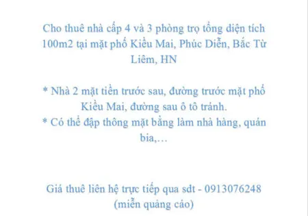 Cho thuê nhà mặt phố Kiều Mai, Phúc Diễn, Bắc Từ Liêm, HN