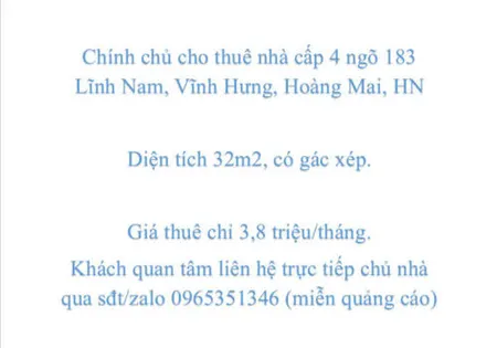 Chính chủ cho thuê nhà cấp 4 ngõ 183 Lĩnh Nam, Vĩnh Hưng, Hoàng Mai, HN