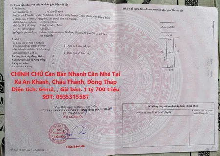 CHÍNH CHỦ Cần Bán Nhanh Căn Nhà Tại Xã An Khánh, Châu Thành, Đồng Tháp