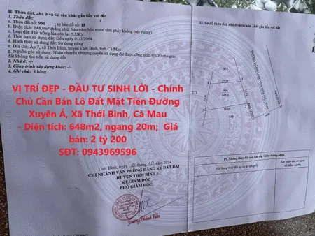 VỊ TRÍ ĐẸP - ĐẦU TƯ SINH LỜI - Chính Chủ Cần Bán Lô Đất Mặt Tiền Đường Xuyên Á, Xã Thới Bình, Cà Mau