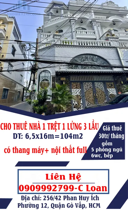 CHO THUÊ NHÀ 1 TRỆT 1 LỬNG 3 LẦU 104M2, 5PN, CÓ THANG MÁY+NỘI THẤT LÔ GÓC PHAN HUY ÍCH, P12, GÒ VẤP