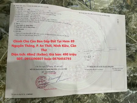 Chính Chủ Cần Bán Gấp Đất Tại Hẻm 89 Nguyễn Thông, P. An Thới, Ninh Kiều, Cần Thơ