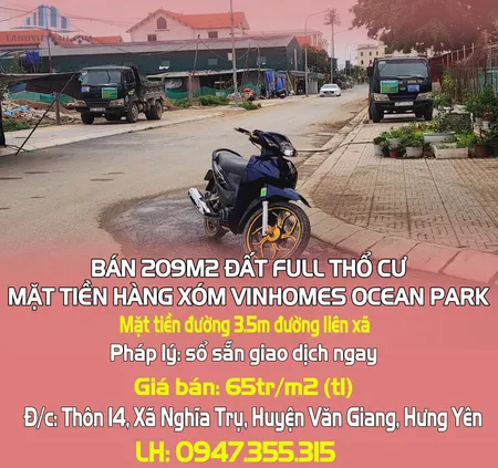 CHÍNH CHỦ BÁN 209M2 ĐẤT FULL THỔ CƯ MẶT TIỀN HÀNG XÓM VINHOMES OCEAN PARK