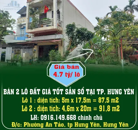 BÁN 2 LÔ ĐẤT GIÁ TỐT SẴN SỔ TẠI TP. HƯNG YÊN