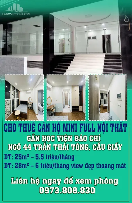 CHO THUÊ CĂN HỘ MINI FULL NỘI THẤT – GẦN HỌC VIỆN BÁO CHÍ – NGÕ 44 TRẦN THÁI TÔNG, CẦU GIẤY