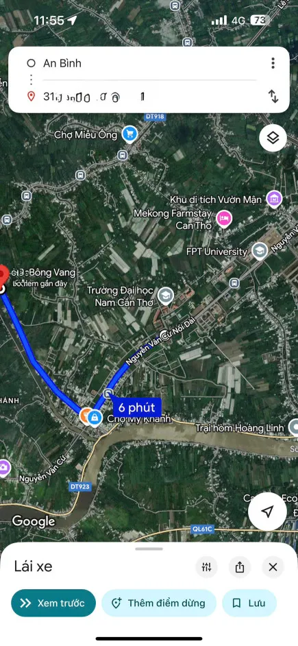 Bán 1019m2 Mặt Tiền Bông Vang (lộ 10m) Mỹ Khánh, An Bình, TP. Cần Thơ