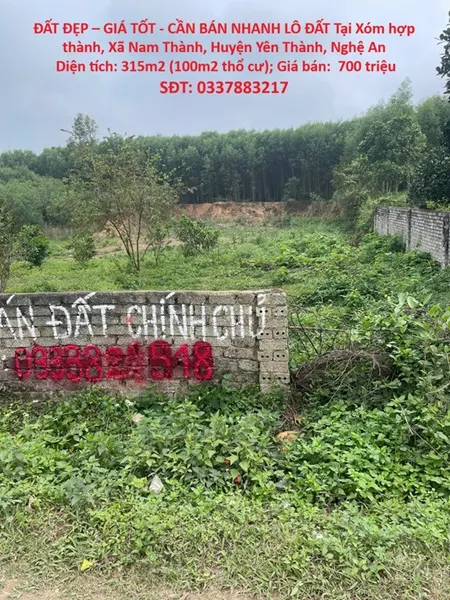 ĐẤT ĐẸP – GIÁ TỐT - CẦN BÁN NHANH LÔ ĐẤT Tại Xóm hợp thành, Xã Nam Thành, Huyện Yên Thành, Nghệ An