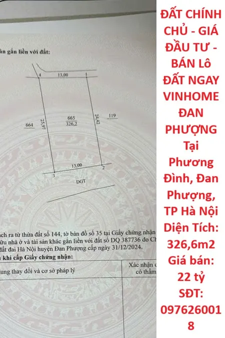 ĐẤT CHÍNH CHỦ - GIÁ ĐẦU TƯ - BÁN Lô ĐẤT NGAY VINHOME ĐAN PHƯỢNG