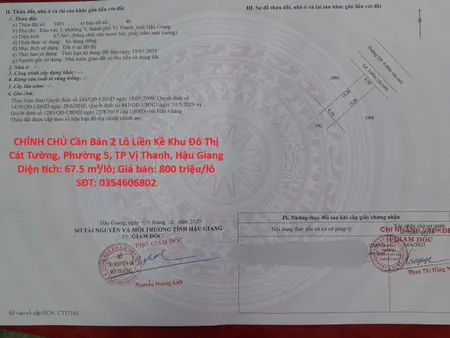 CHÍNH CHỦ Cần Bán 2 Lô Liền Kề Khu Đô Thị Cát Tường, Phường 5, TP Vị Thanh, Hậu Giang