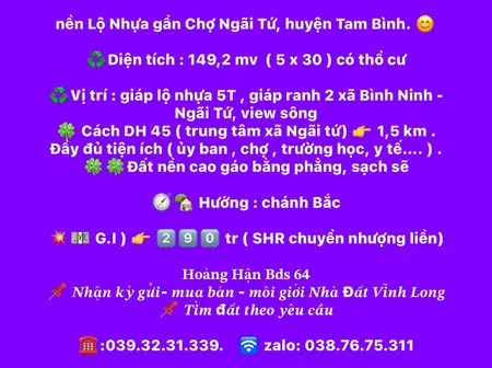 Bán đất 149,2m² 290 triệu tại Xã Bình Ninh Huyện Tam Bình
