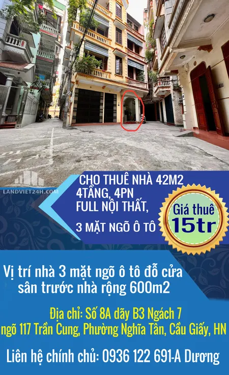 CHO THUÊ NHÀ 42M2, 4TẦNG, 4PN FULL NỘI THẤT, 3 MẶT NGÕ Ô TÔ- NGÁCH 7 NGÕ 117 TRẦN CUNG, NGHĨA TÂN, CẦU GIẤY