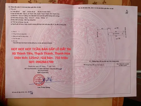 HOT HOT HOT !!CẦN BÁN GẤP LÔ ĐẤT TẠI Xã Thành Tiến, Thạch Thành, Thanh Hóa