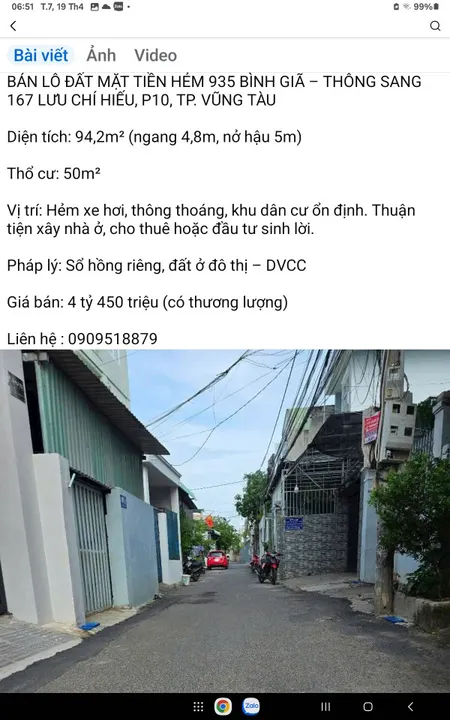 Bán đất mặt tiền hẻm 167 lưu chí hiếu thành phố vũng tàu