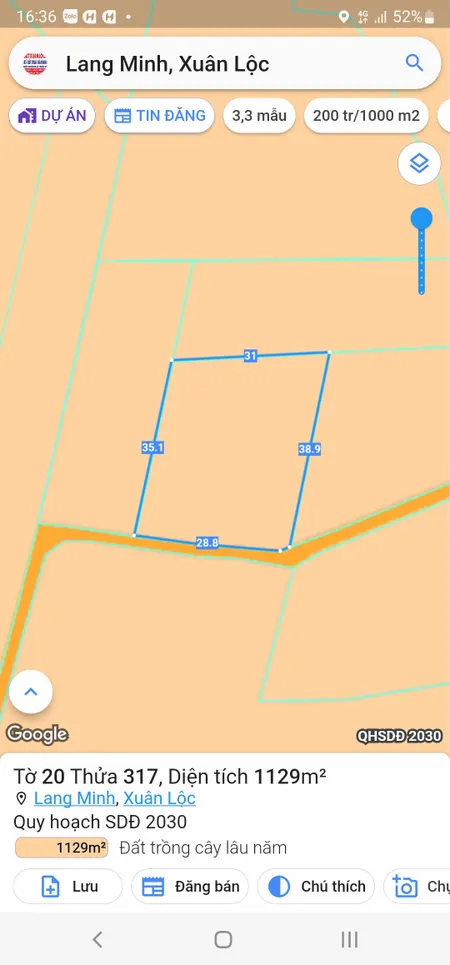 Bán đất 1129.2m² ngang 28,8 m mt giá 690 triệu tại Xã Lang Minh Huyện Xuân Lộc