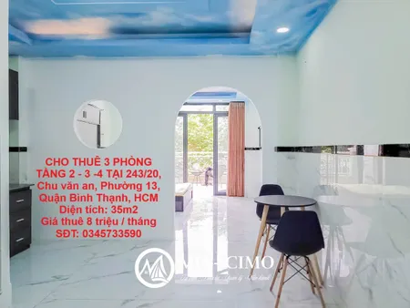 CHO THUÊ 3 PHÒNG TẦNG 2 - 3 -4 TẠI 243/20, Chu văn an, Phường 13, Quận Bình Thạnh, HCM