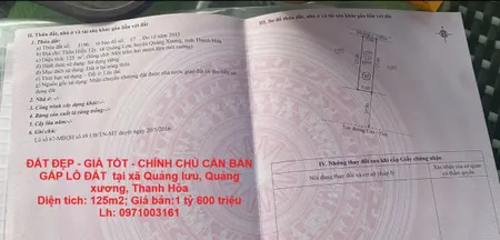 ĐẤT ĐẸP - GIÁ TỐT - CHÍNH CHỦ CẦN BÁN GẤP LÔ ĐẤT  tại xã Quảng lưu, Quảng xương, Thanh Hóa