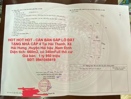HOT HOT HOT - CẦN BÁN GẤP LÔ ĐẤT TẶNG NHÀ CẤP 4 Tại Hải Thanh, Xã Hải Hưng ,Huyện Hải hậu ,Nam Định