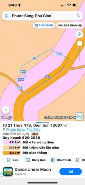 Bán đất 13007.1m² 12.4 tỷ tại Xã Phước Sang Huyện Phú Giáo phân lô bán nền đẹp luôn
