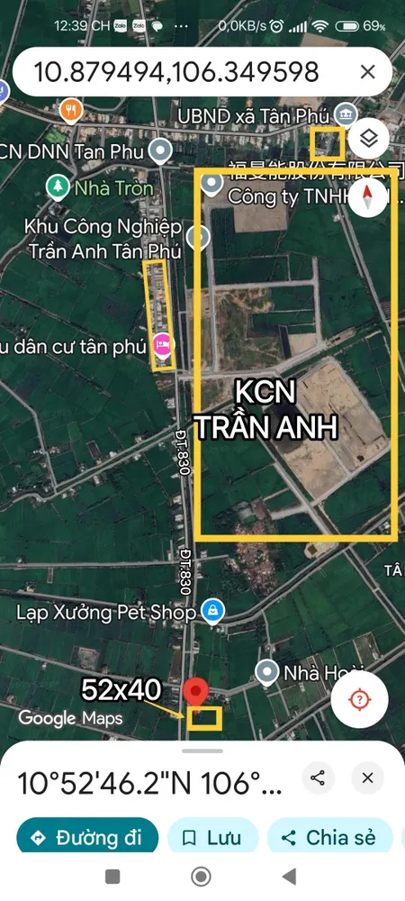 52X40 LÚA, MẶT TIỀN ĐT.830 BỜ KINH, KẾ BÊN KCN TRẦN ANH 200M, GIÁ CỰC SỐC, XE TẢI, SẮP NHỰA,  MT RỘNG, CÓ THỂ LÀM CHỢ NHỎ, BÁN CHO CÔNG NHÂN