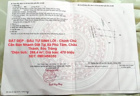 ĐẤT ĐẸP - ĐẦU TƯ SINH LỜI - Chính Chủ Cần Bán Nhanh Đất Tại Xã Phú Tâm, Châu Thành, Sóc Trăng