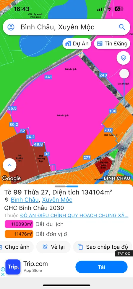 Bán đất TMD:134104m² 100 tỷ tại Xã Bình Châu Huyện Xuyên Mộc