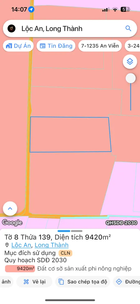 Bán đất SKC LONG THÀNH:9419.6m² 40 tỷ tại Xã Lộc An Huyện Long Thành