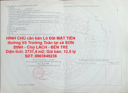 CHÍNH CHỦ cần bán Lô Đất MẶT TIỀN đường Võ Trường Toản tại xã SƠN ĐỊNH - Chợ LÁCH - BẾN TRE